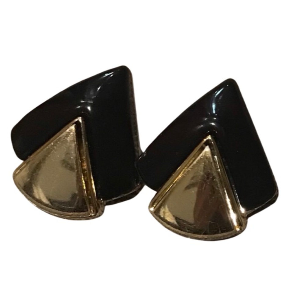 Vintage Geometric Clip On Earrings Art Deco Chunky Triangle Black Gold Tone